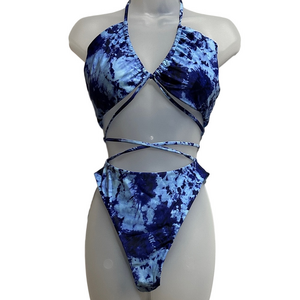 Qinsen Blue Tie-Dye Strappy Cutout Thong Bikini Swimsuit - Size M - NWT